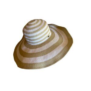 Scala Womens Wide Brim Striped Sun Hat One Size Paper/Polyester Blend Beige/Whit